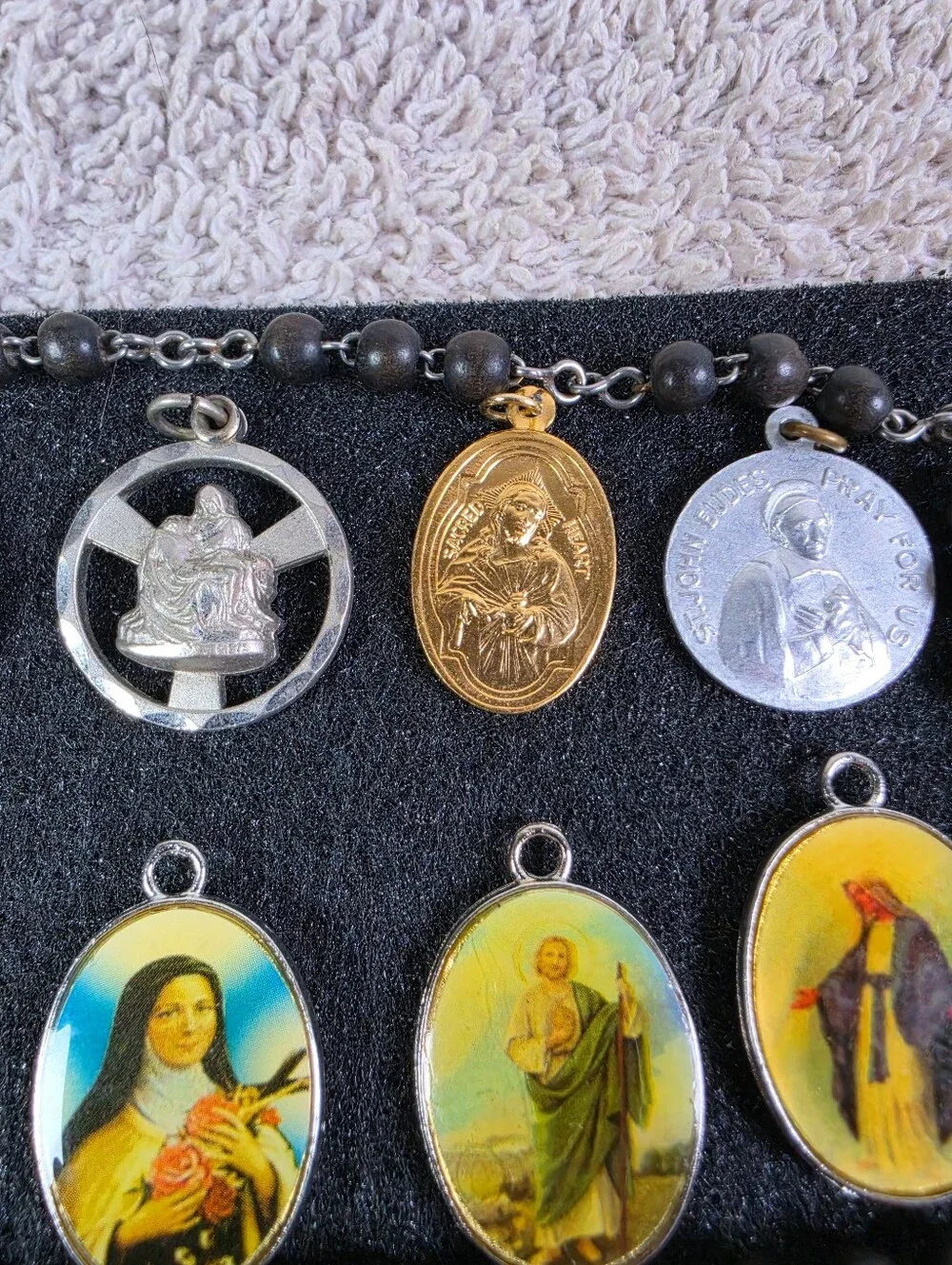 Religious Medal Rosary Necklace with Multi-Color Saint Medallions